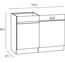 Schéma d''un meuble sous-vasque avec des dimensions de 110 cm de largeur, 85,2 cm de hauteur et 57,1 cm de profondeur.