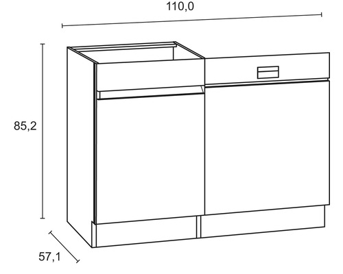 Schéma d''un meuble sous-vasque avec des dimensions de 110 cm de largeur, 85,2 cm de hauteur et 57,1 cm de profondeur.