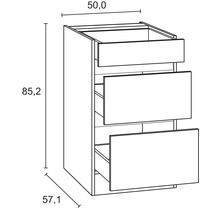Dessin d''un meuble bas avec trois tiroirs et indications de dimensions.