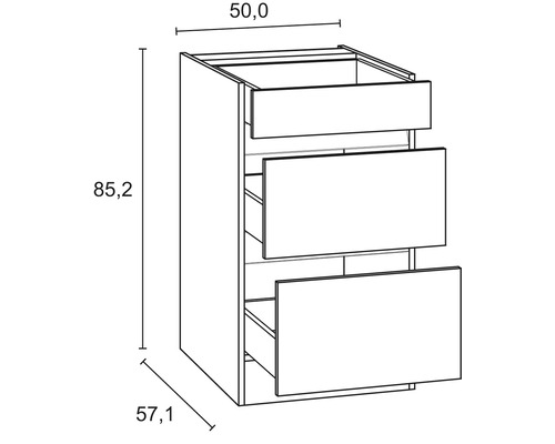 Dessin d''un meuble bas avec trois tiroirs et indications de dimensions.