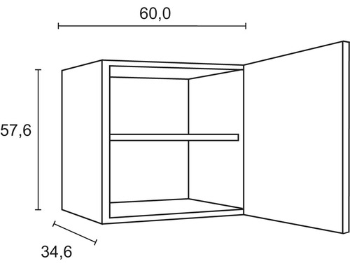 Schéma technique d''un meuble haut suspendu avec les dimensions 60,0 x 57,6 x 34,6 cm.