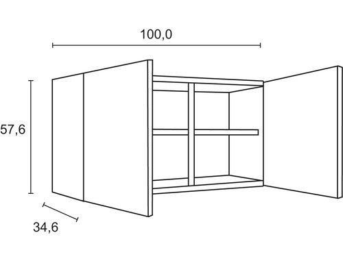 Dessin d''une armoire murale avec portes ouvertes et indications de mesure
