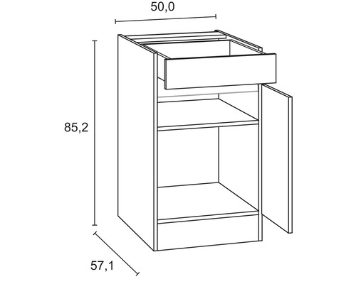 Technische Zeichnung eines Küchenunterschranks mit Schublade und Tür, Maße: 50,0 x 57,1 x 85,2 cm
