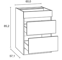 Schéma technique d''un meuble bas avec deux tiroirs et indications de dimensions