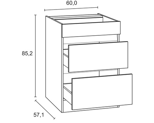 Schéma technique d''un meuble bas avec deux tiroirs et indications de dimensions