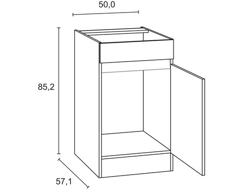 Skizze eines Unterschranks mit den Massen 50,0 x 57,1 x 85,2 cm.