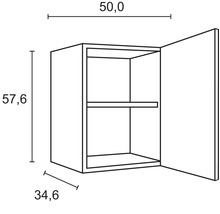 Dessin technique d''un meuble haut avec les dimensions 50,0 x 57,6 x 34,6 cm.