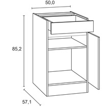 Schéma technique d''un meuble bas avec tiroir et porte, avec indication des dimensions