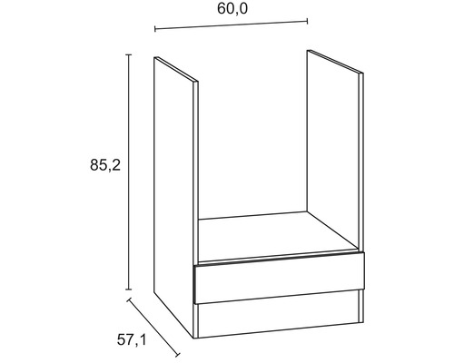 Zeichnung eines Unterschranks mit den Massen 60,0 x 85,2 x 57,1 cm