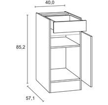 Dessin technique d''un meuble bas de cuisine avec tiroir et porte ainsi que les dimensions