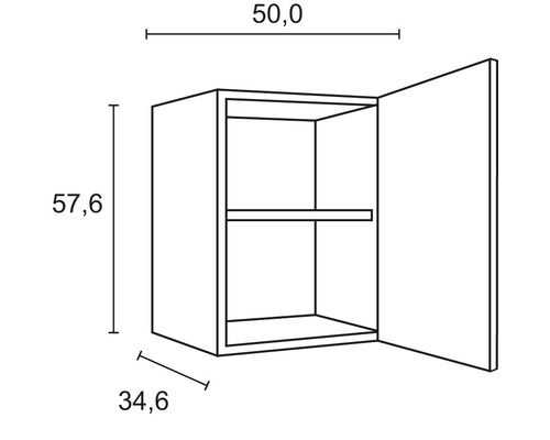 Technische Zeichnung eines Hängeschranks mit den Maßen 50,0 x 57,6 x 34,6 cm.