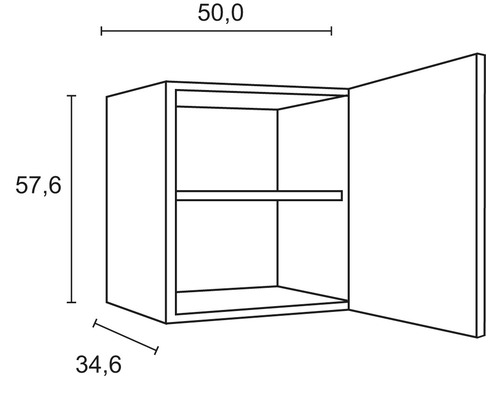 Technische Zeichnung eines Hängeschranks mit den Maßen 50,0 x 57,6 x 34,6 cm.