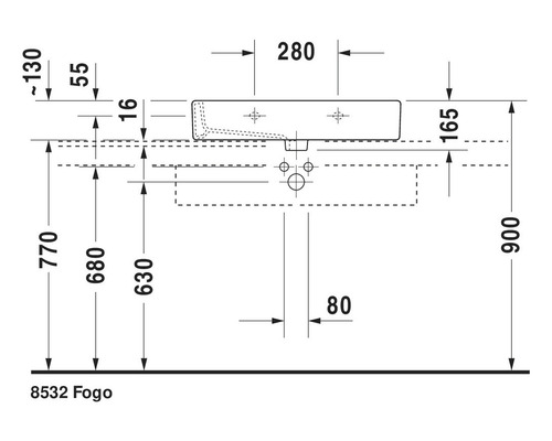 Masszeichnung des Waschbeckens Fogo 8532 mit allen Massen