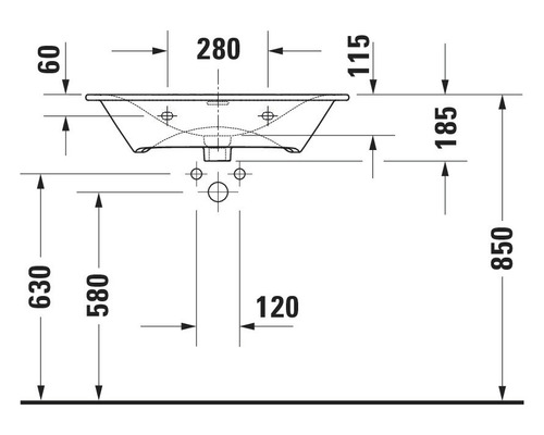 Dessin technique d''un lavabo avec indications de dimensions.
