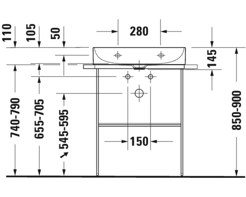 Schéma coté d''un meuble-lavabo avec les dimensions suivantes : hauteur de 740 à 790 millimètres, profondeur de 545 à 595 millimètres et largeur de 280 millimètres.