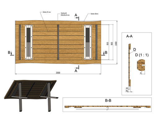 Dessin technique d''une construction en bois avec profilés en acier et indications de dimensions