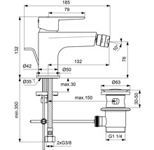 Technische Zeichnung einer Bidetarmatur mit Maßangaben