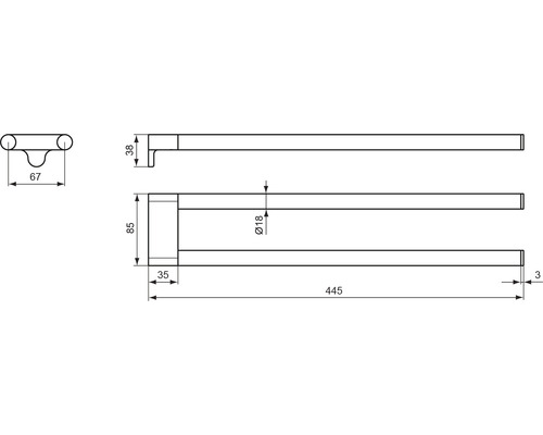 Technische Zeichnung einer Handtuchstange mit Massangaben