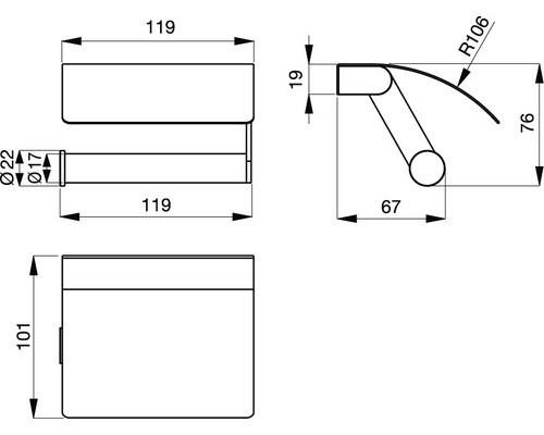 Schéma technique d''un porte-papier toilette avec dimensions