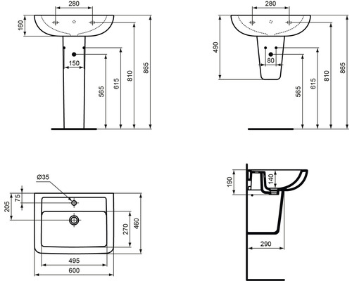 Dessin technique d''un lavabo sur colonne avec dimensions.