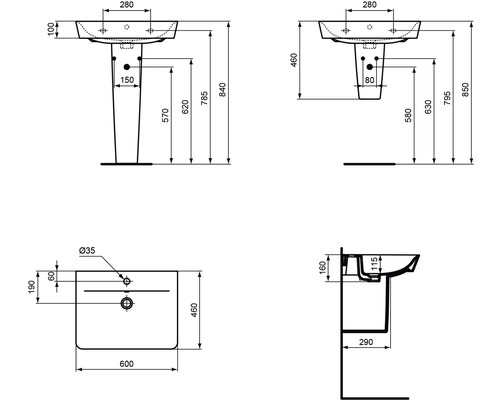 Schéma technique d''un lavabo avec dimensions