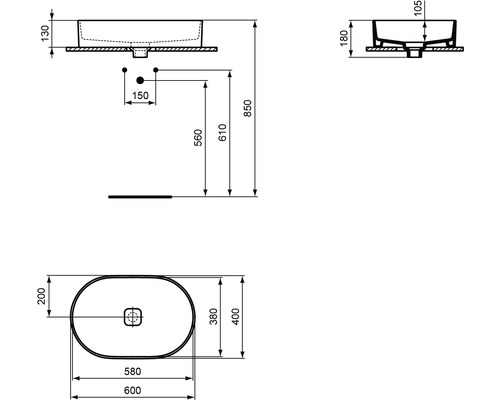 Technische Zeichnung eines Aufsatzwaschbeckens mit Maßangaben