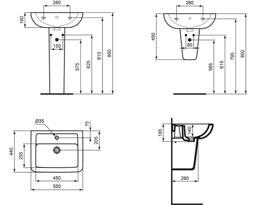 Schéma technique d''un lavabo avec dimensions.