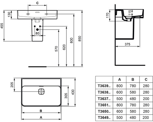 Schéma technique d''un lavabo avec dimensions.