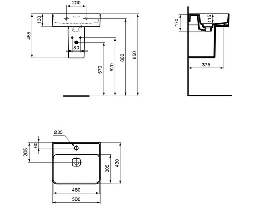 Dessin technique d''un lavabo avec indications de dimensions.