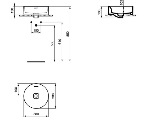 Dessin technique d''un lavabo à poser avec indications de dimensions
