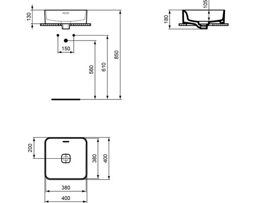 Schéma technique d''un lavabo à poser avec indications de dimensions