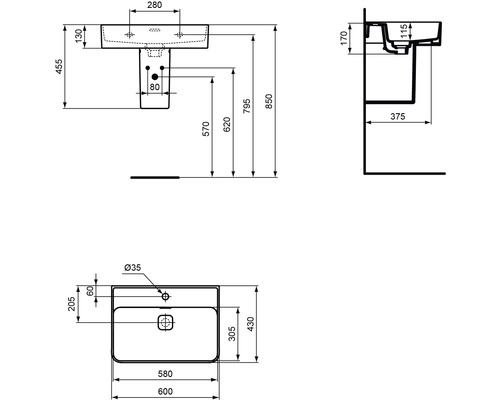 Schéma technique d''un lavabo avec dimensions