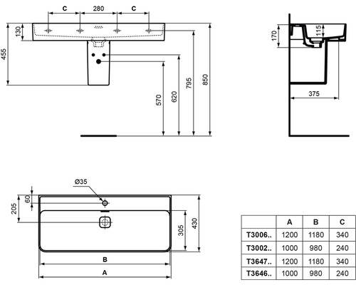 Schéma technique d''un lavabo avec dimensions