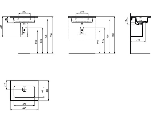 Schéma technique d''un lavabo avec dimensions