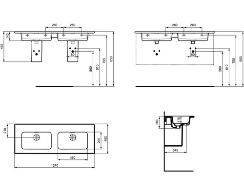Dessin technique d''un meuble sous-lavabo avec double vasque et dimensions.