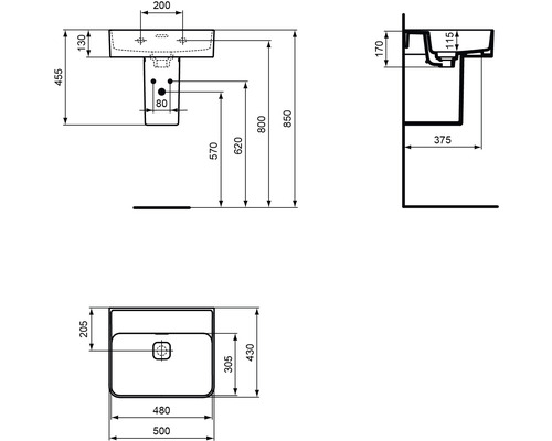 Schéma technique d''un lavabo avec dimensions