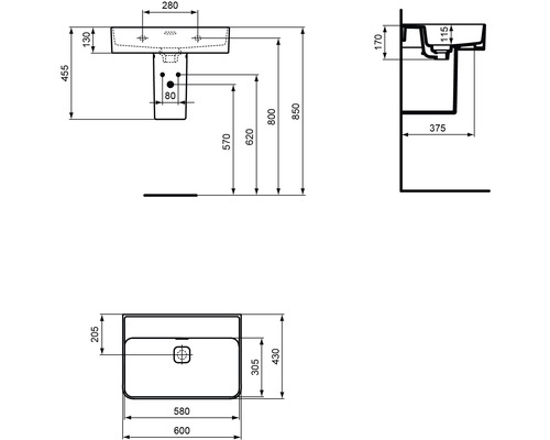 Schéma technique d''un lavabo avec les dimensions