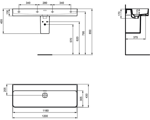 Schéma coté d''un lavabo avec toutes les dimensions importantes