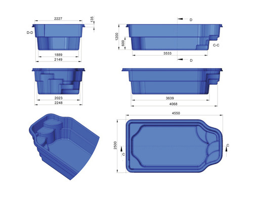 Technische Zeichnung eines Schwimmbeckens mit Maßangaben