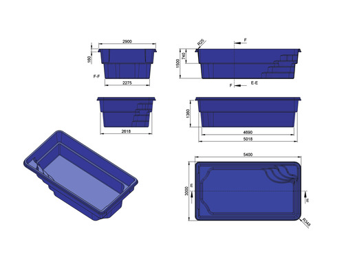 Technische Zeichnung eines Schwimmbeckens mit Maßen