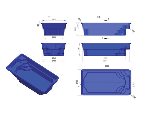 Technische Zeichnung eines Schwimmbeckens mit Maßangaben