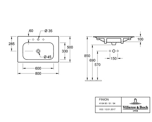 Dessin technique d''un lavabo avec dimensions