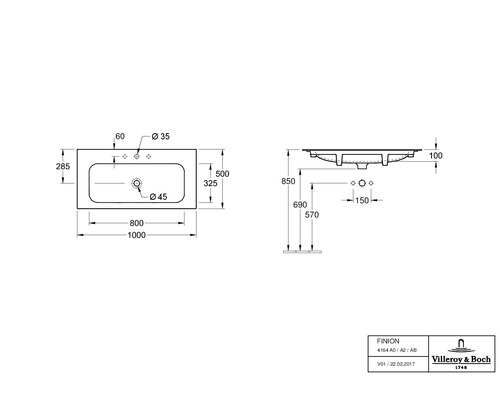 Schéma technique d''un lavabo avec indications de dimensions