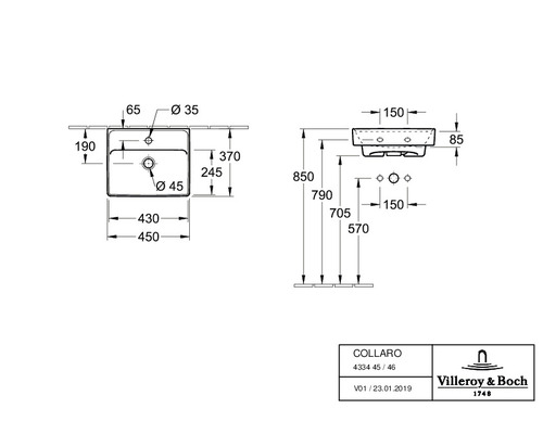 Schéma technique d''un lavabo Collado de Villeroy et Boch avec indications de dimensions