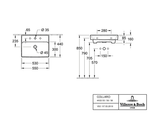 Schéma technique du lavabo Collano avec dimensions