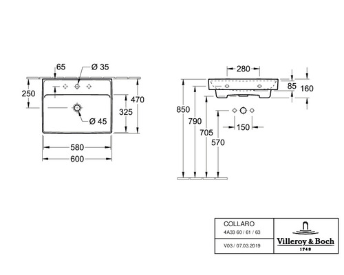 Technische Zeichnung Waschbecken mit Maßangaben