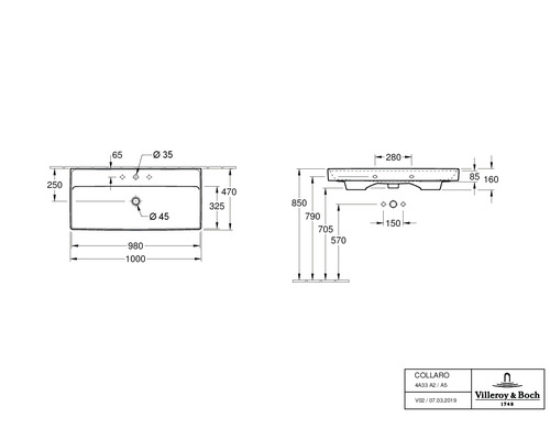 Schéma du lavabo Collaro avec dimensions