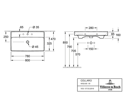 Technische Zeichnung des Collardo Waschtischs mit Maßangaben