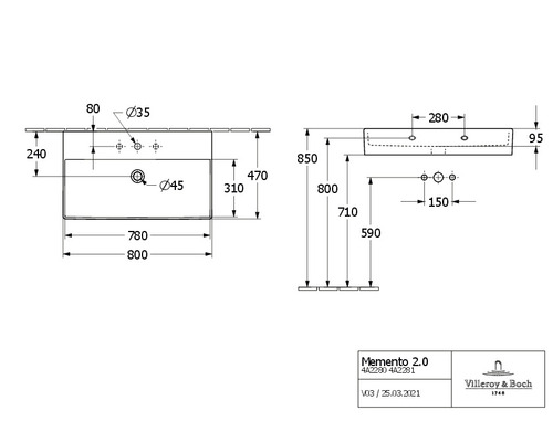 Technische Zeichnung des Villeroy & Boch Memento 2.0 Waschtisches mit Maßangaben