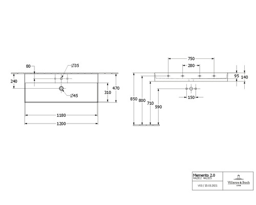 Technische Zeichnung des Waschtisches mit Maßangaben